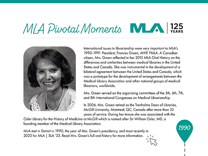 Description of MLA historical marker of Fran Goren and international initiatives